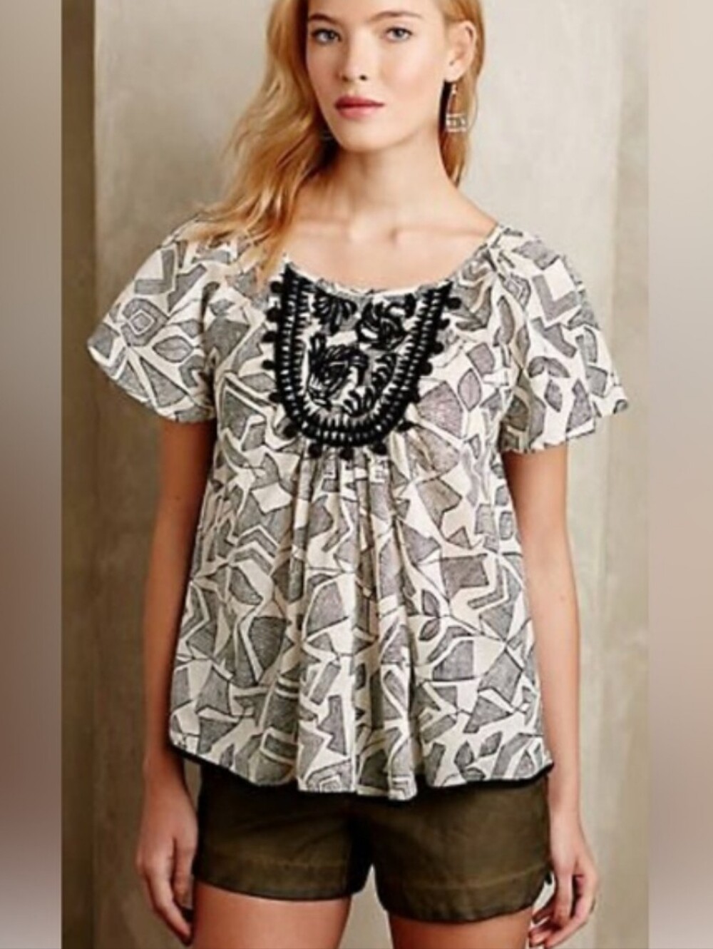 Anthropologie × Floreat Embroidered Pom Pom Neckline Flutter Sleeve Top Boho MD